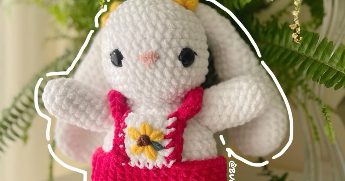 Bunny in a Romper handmade crochet plushie by Bunnyetoo