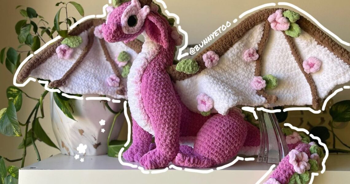 Cherry Blossom Dragon handmade crochet plushie by Bunnyetoo