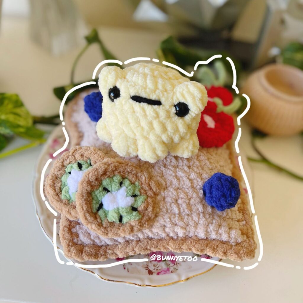 Frog Toast handmade crochet plushie by Bunnyetoo
